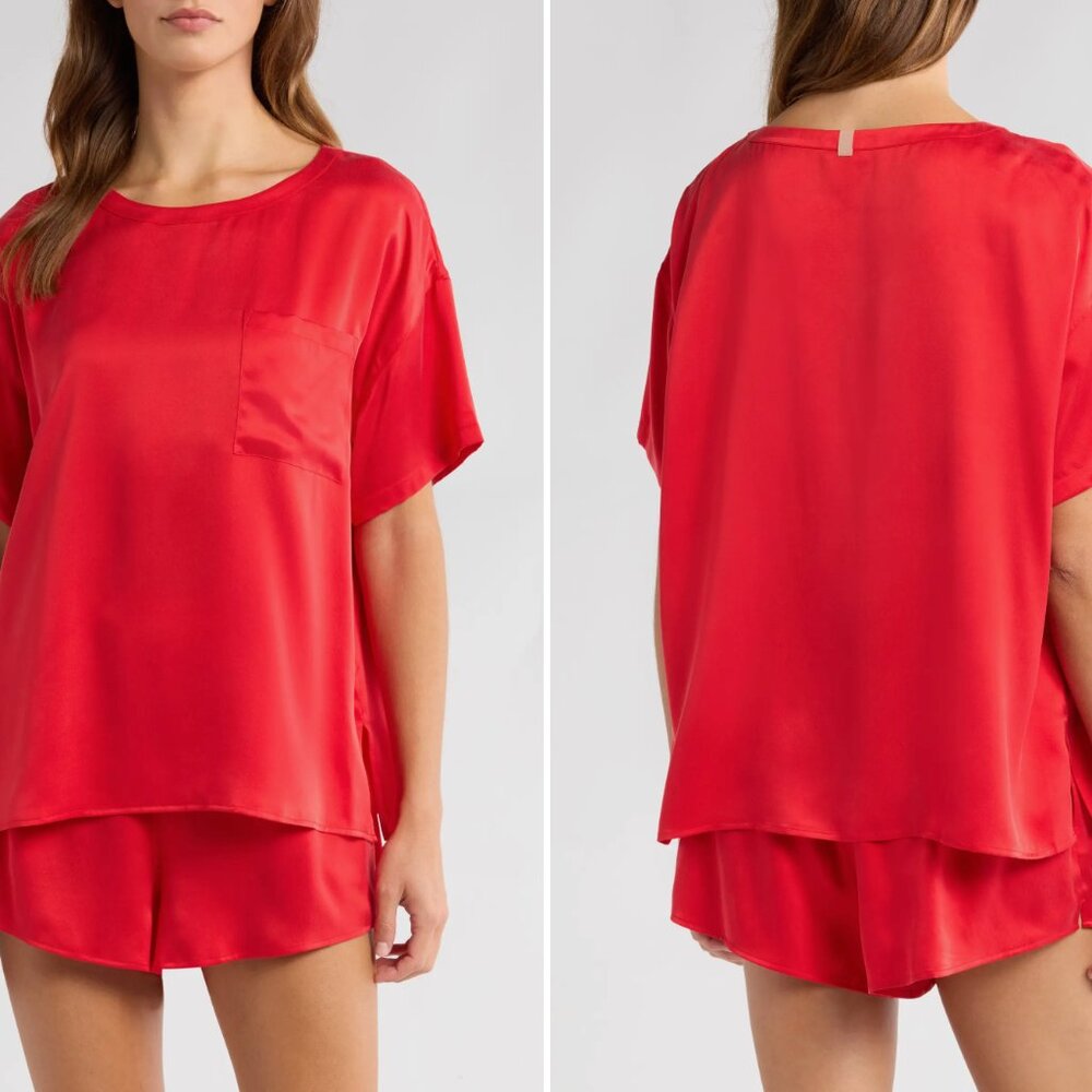 Lunya Washable Silk Tee Short Set in Red
